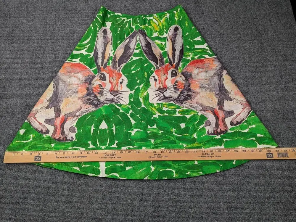 SEVEN PLUS Skirt Womens M Green Bunny Rabbit Art Print A-Line Pockets Graphic